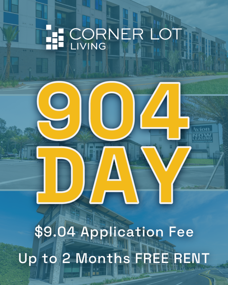 Corner Lot Living 904 Day Promotional Graphic $9.04 Application Fee Up to 2 Months Free Rent